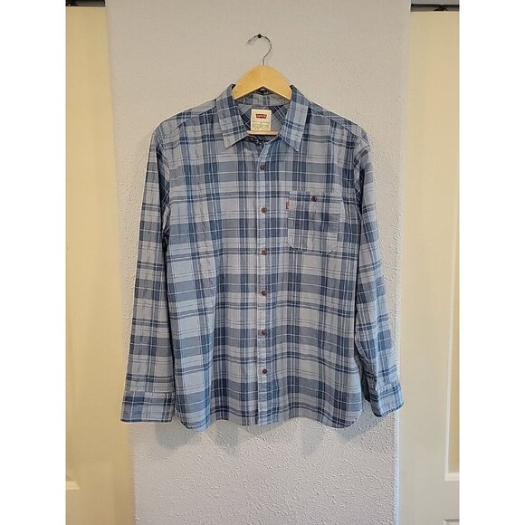 Levi's Men's Long Sleeve Blue Plaid Button Up Shirt Front Pocket Size Medium - Picture 1 of 6